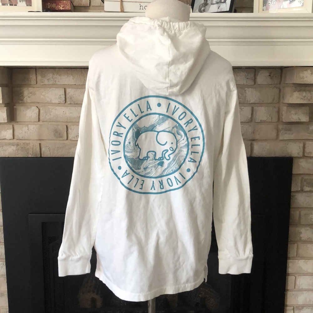 Ivory Ella White Blue 100% Cotton Long Sleeve Hooded T-Shirt size Small